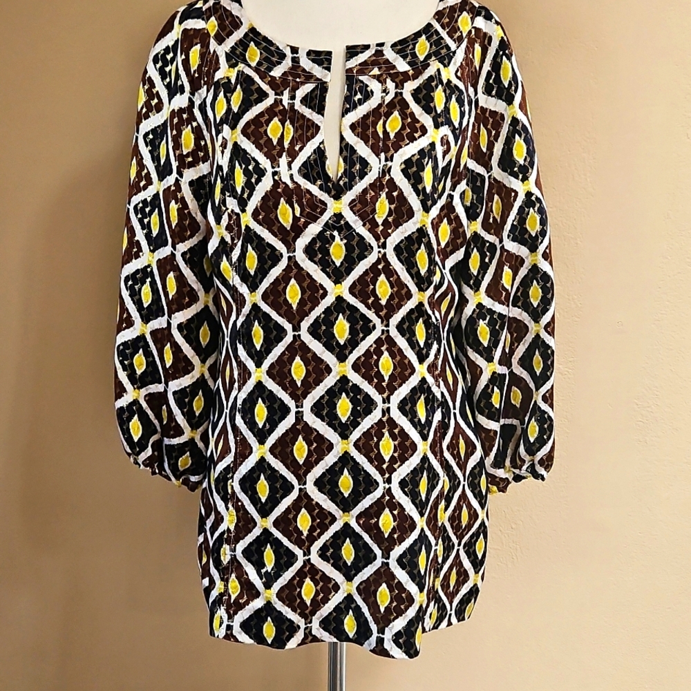 Tory Burch 100% Silk Knit Tunic Top Multi Color Gold Thread Neckline Color Sz 10